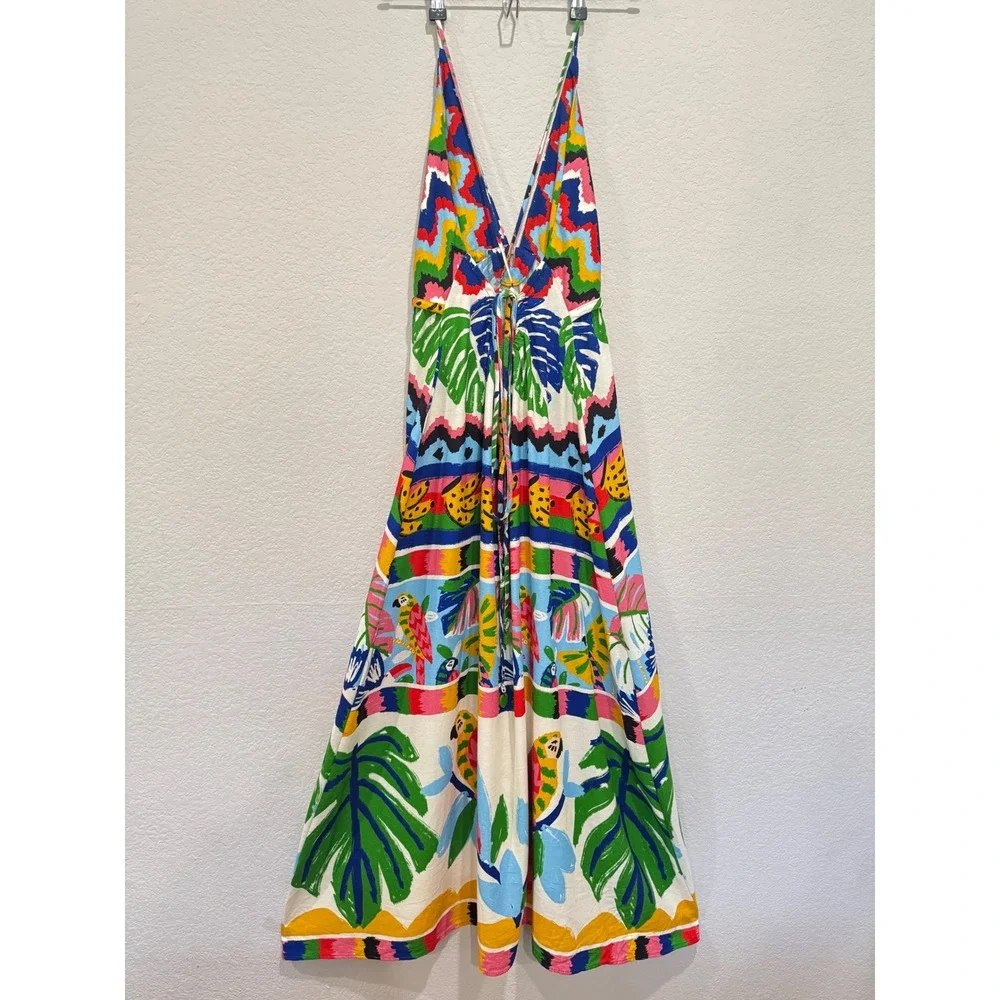 FARM Rio Tropical Print Maxi Dress Small Colorful Birds V Neck Backless Linen